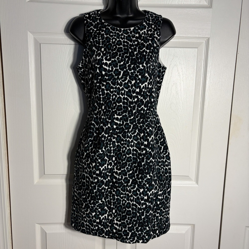 J Crew Animal Print Dress Women 0 Green White Sleeveless 100% Cotton Sheath Mini
